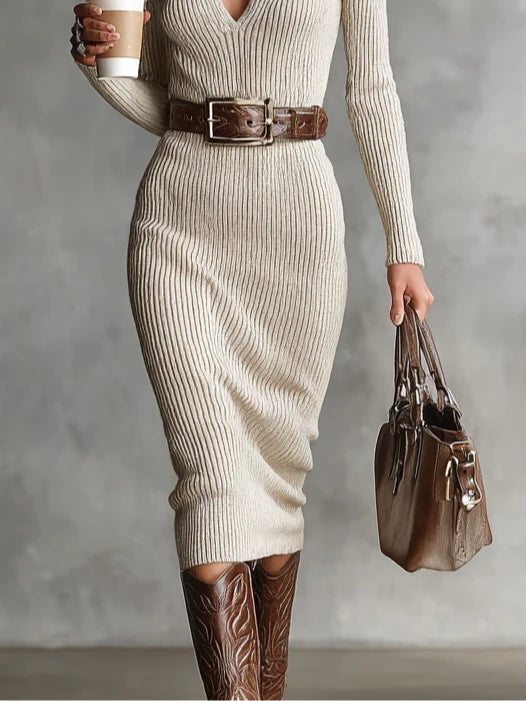 Jacinta | Elegancka prążkowana sukienka dzianinowa